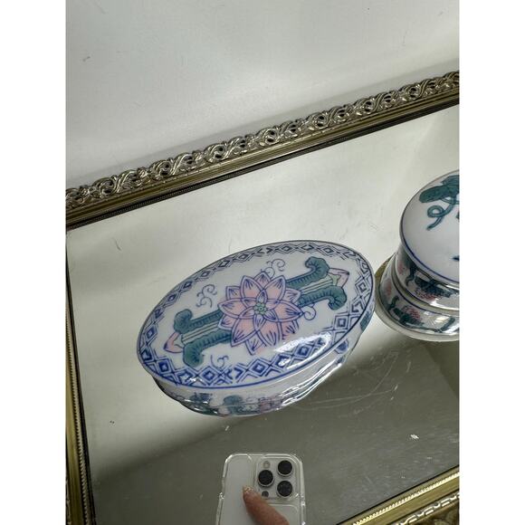 Set of Two Vintage Oval Chinese Oriental Porcelain Trinket Box/jewelry Box Kitsc - Picture 4 of 10